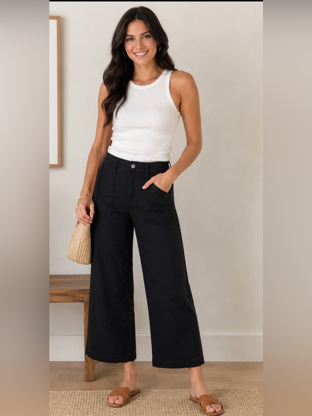 Evereve High Rise Beth Wide Leg Linen Blend Cropped Lightweight Black Pants 27